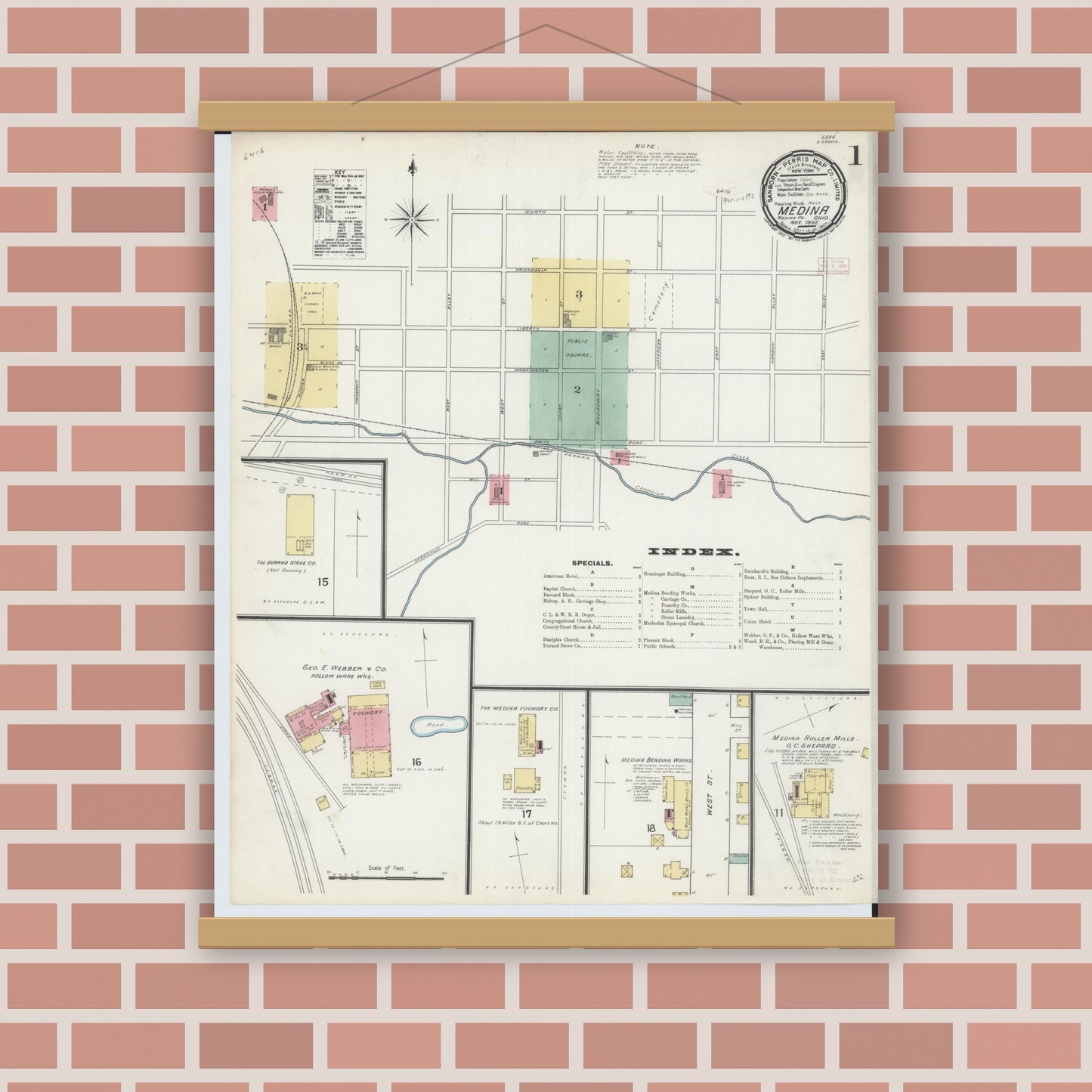 Old map wall art mockup — magnetic wood frame on brick wall — Sanborn Fire Insurance Map from Medina, Medina County, Ohio (1892), Sheet #0001