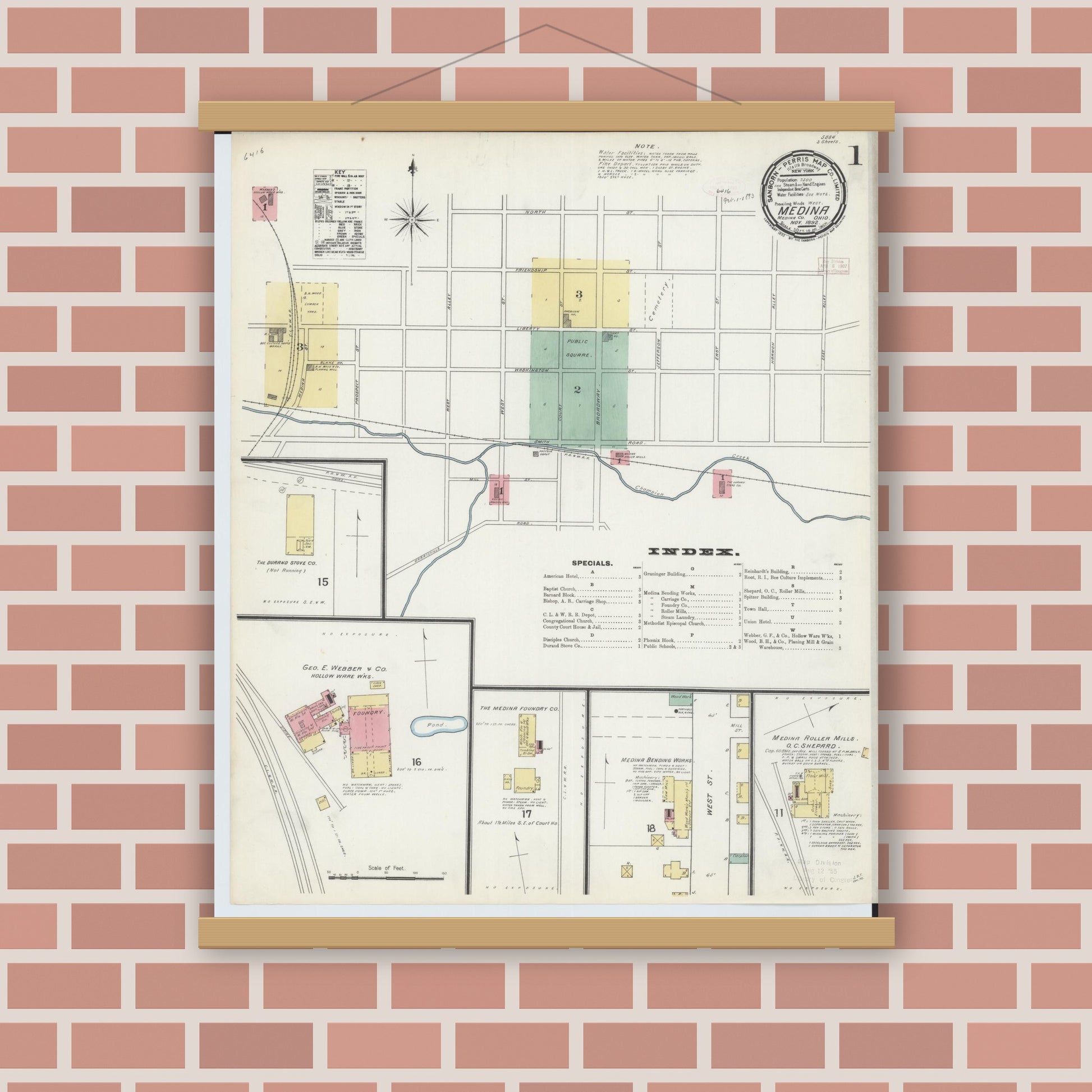 Old map wall art mockup — magnetic wood frame on brick wall — Sanborn Fire Insurance Map from Medina, Medina County, Ohio (1892), Sheet #0001
