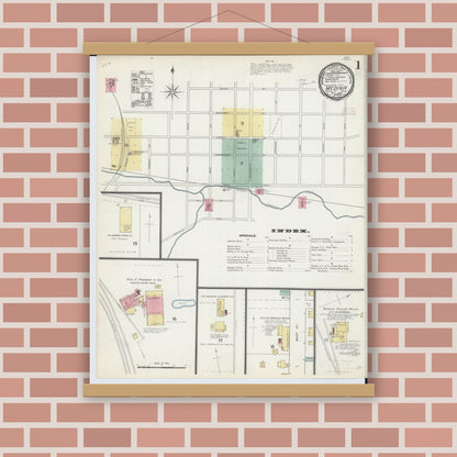 Old map wall art mockup — magnetic wood frame on brick wall — Sanborn Fire Insurance Map from Medina, Medina County, Ohio (1892), Sheet #0001