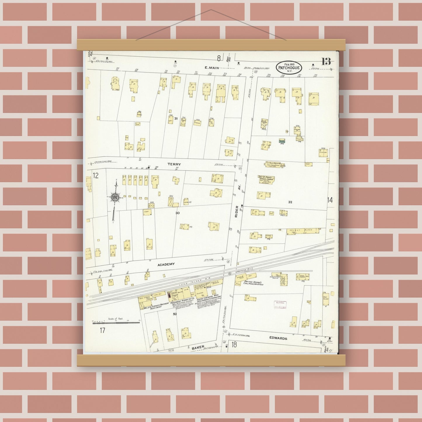 Old map wall art mockup — magnetic wood frame on brick wall — Sanborn Fire Insurance Map from Patchogue, Suffolk County, New York (1910), Sheet #0013