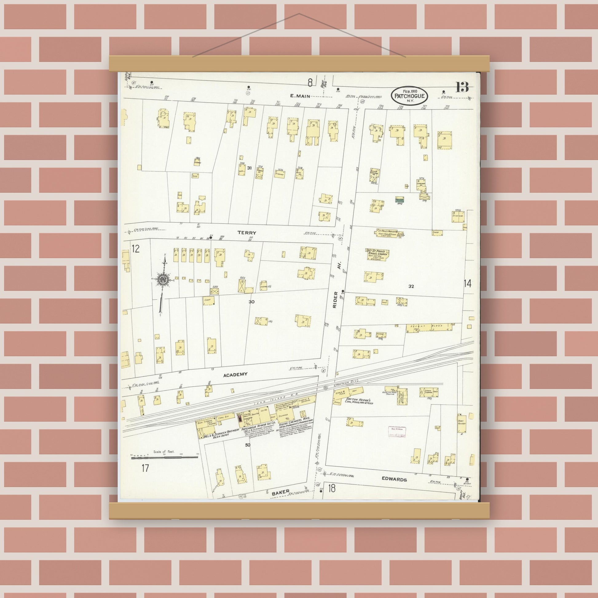 Old map wall art mockup — magnetic wood frame on brick wall — Sanborn Fire Insurance Map from Patchogue, Suffolk County, New York (1910), Sheet #0013