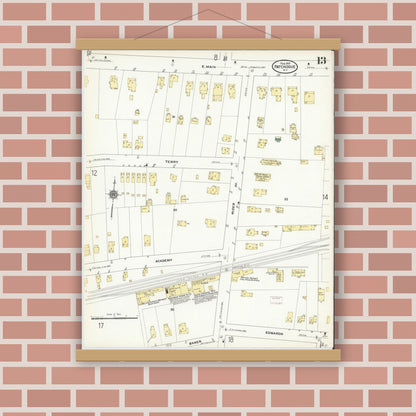 Old map wall art mockup — magnetic wood frame on brick wall — Sanborn Fire Insurance Map from Patchogue, Suffolk County, New York (1910), Sheet #0013