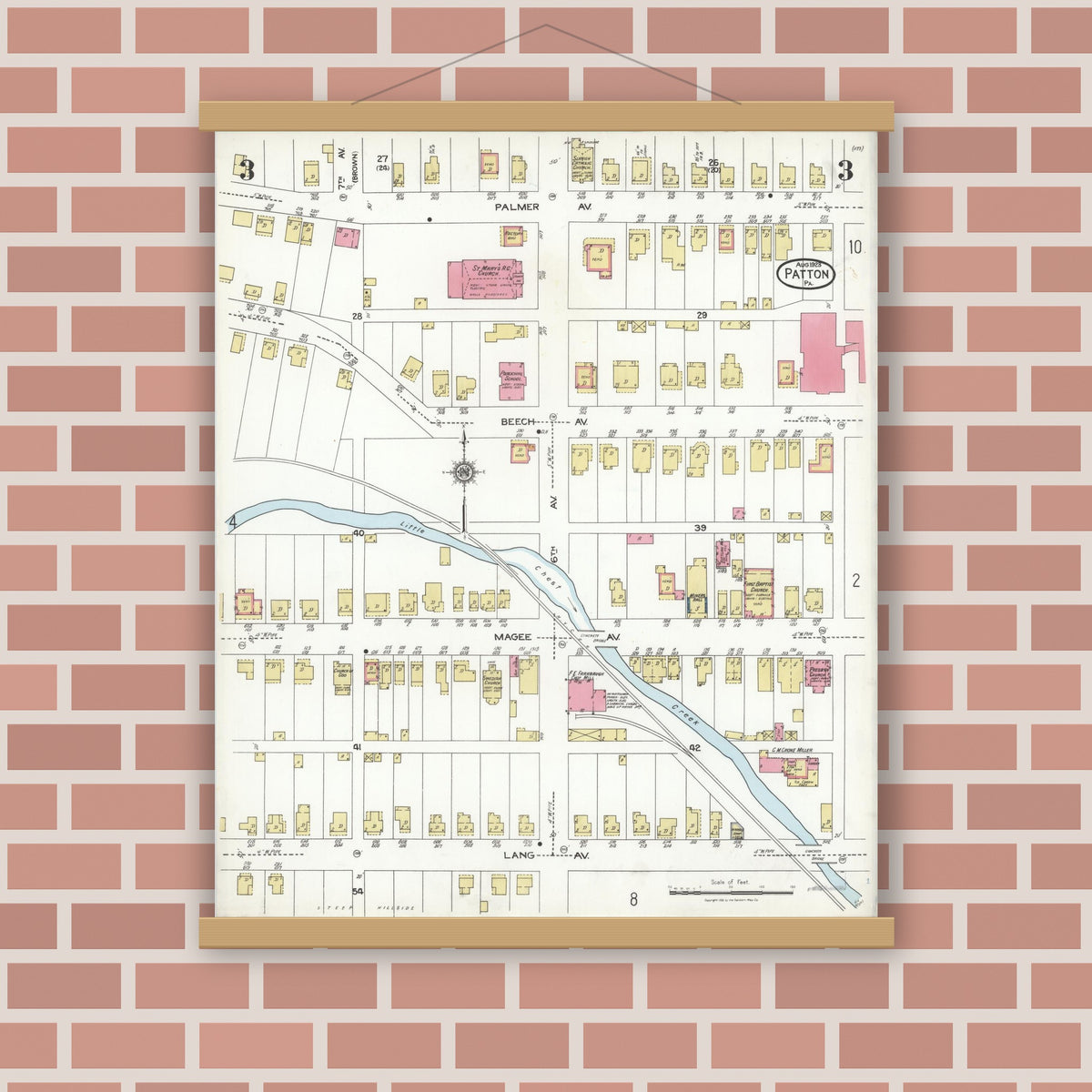 Old map wall art mockup — magnetic wood frame on brick wall — Sanborn Fire Insurance Map from Patton, Cambria County, Pennsylvania (1923), Sheet #0003