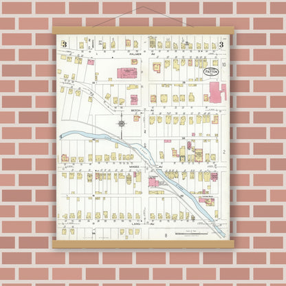 Old map wall art mockup — magnetic wood frame on brick wall — Sanborn Fire Insurance Map from Patton, Cambria County, Pennsylvania (1923), Sheet #0003