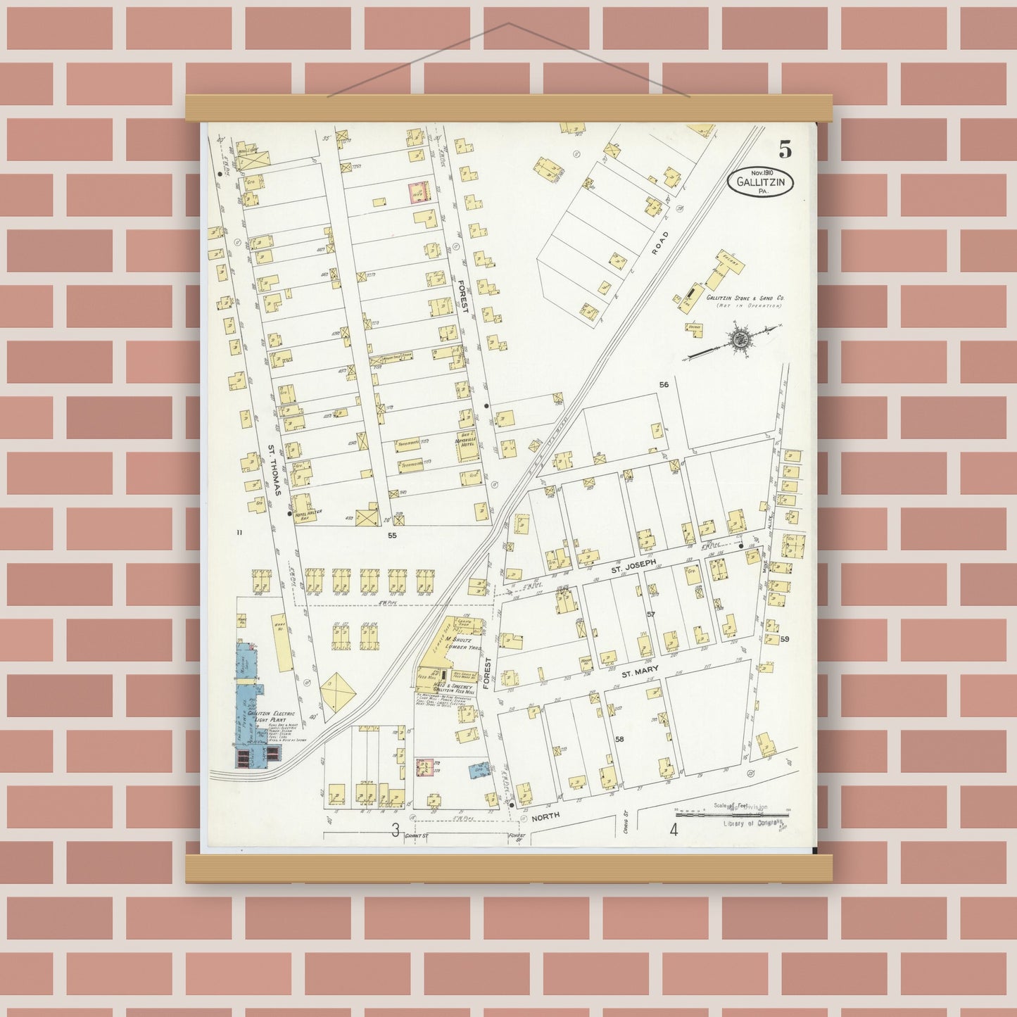 Old map wall art mockup — magnetic wood frame on brick wall — Sanborn Fire Insurance Map from Gallitzin, Cambria County, Pennsylvania (1910), Sheet #0005