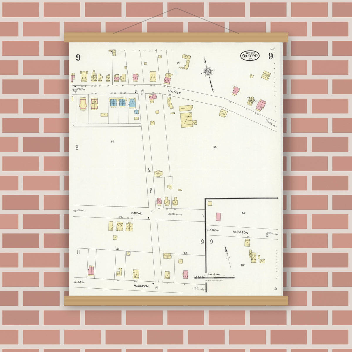 Old map wall art mockup — magnetic wood frame on brick wall — Sanborn Fire Insurance Map from Oxford, Chester County, Pennsylvania (1924), Sheet #0009