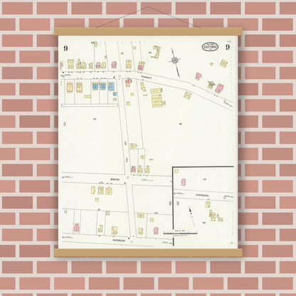 Old map wall art mockup — magnetic wood frame on brick wall — Sanborn Fire Insurance Map from Oxford, Chester County, Pennsylvania (1924), Sheet #0009