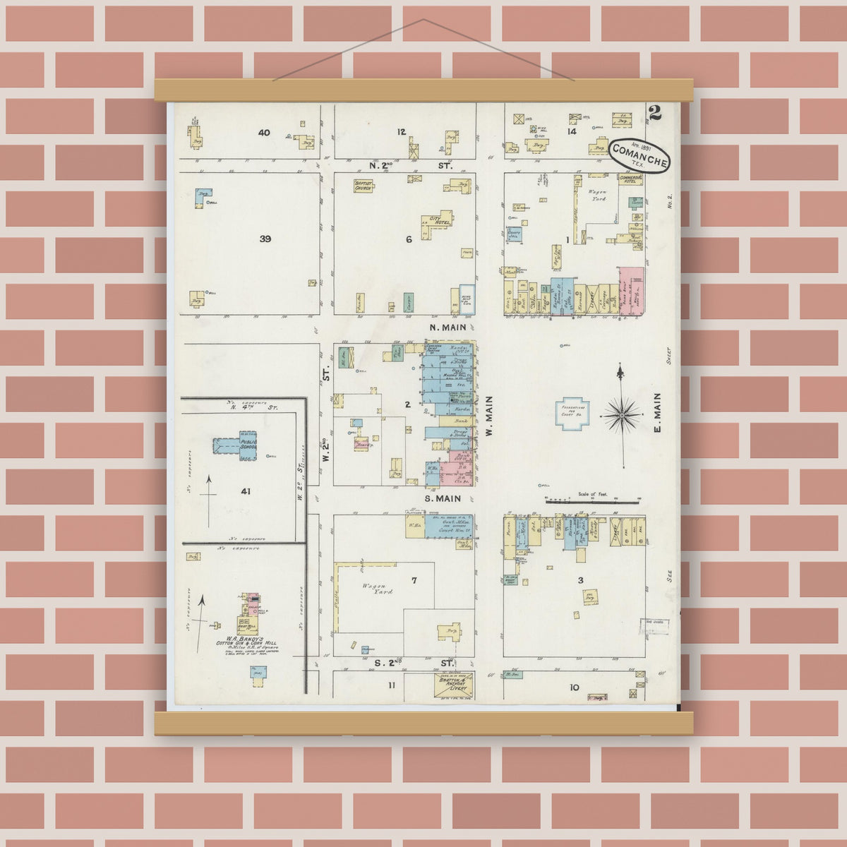 Old map wall art mockup — magnetic wood frame on brick wall — Sanborn Fire Insurance Map from Comanche, Comanche County, Texas (1891), Sheet #0002