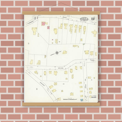 Old map wall art mockup — magnetic wood frame on brick wall — Sanborn Fire Insurance Map from Greenfield, Franklin County, Massachusetts (1914), Sheet #0012