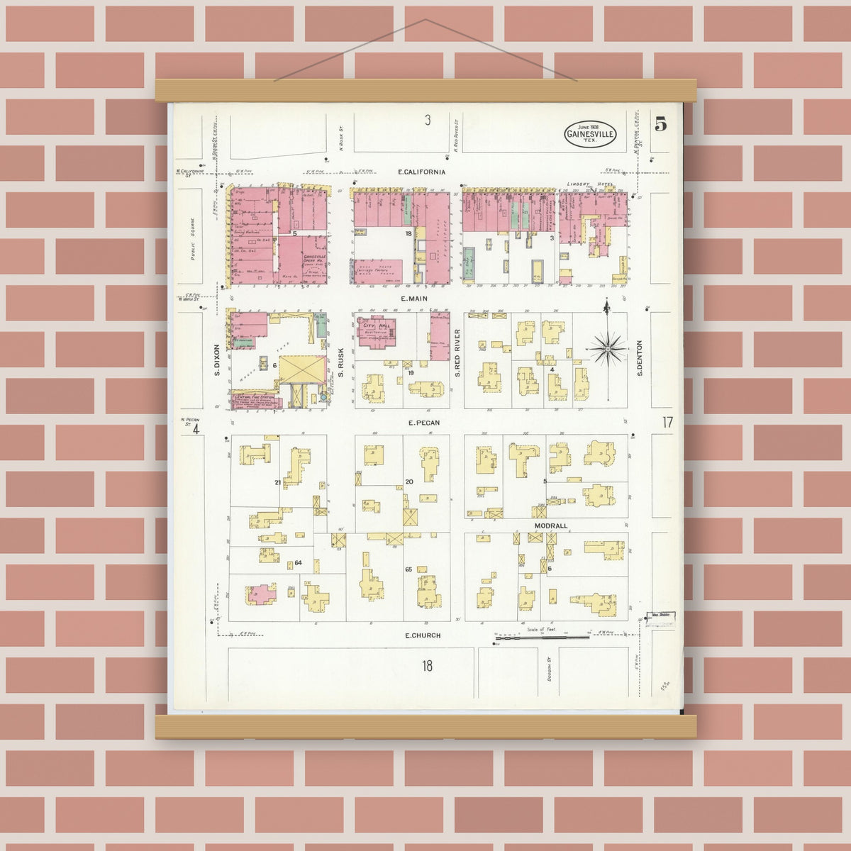 Old map wall art mockup — magnetic wood frame on brick wall — Sanborn Fire Insurance Map from Gainesville, Cooke County, Texas (1908), Sheet #0005