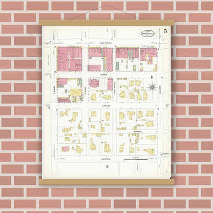 Old map wall art mockup — magnetic wood frame on brick wall — Sanborn Fire Insurance Map from Gainesville, Cooke County, Texas (1908), Sheet #0005
