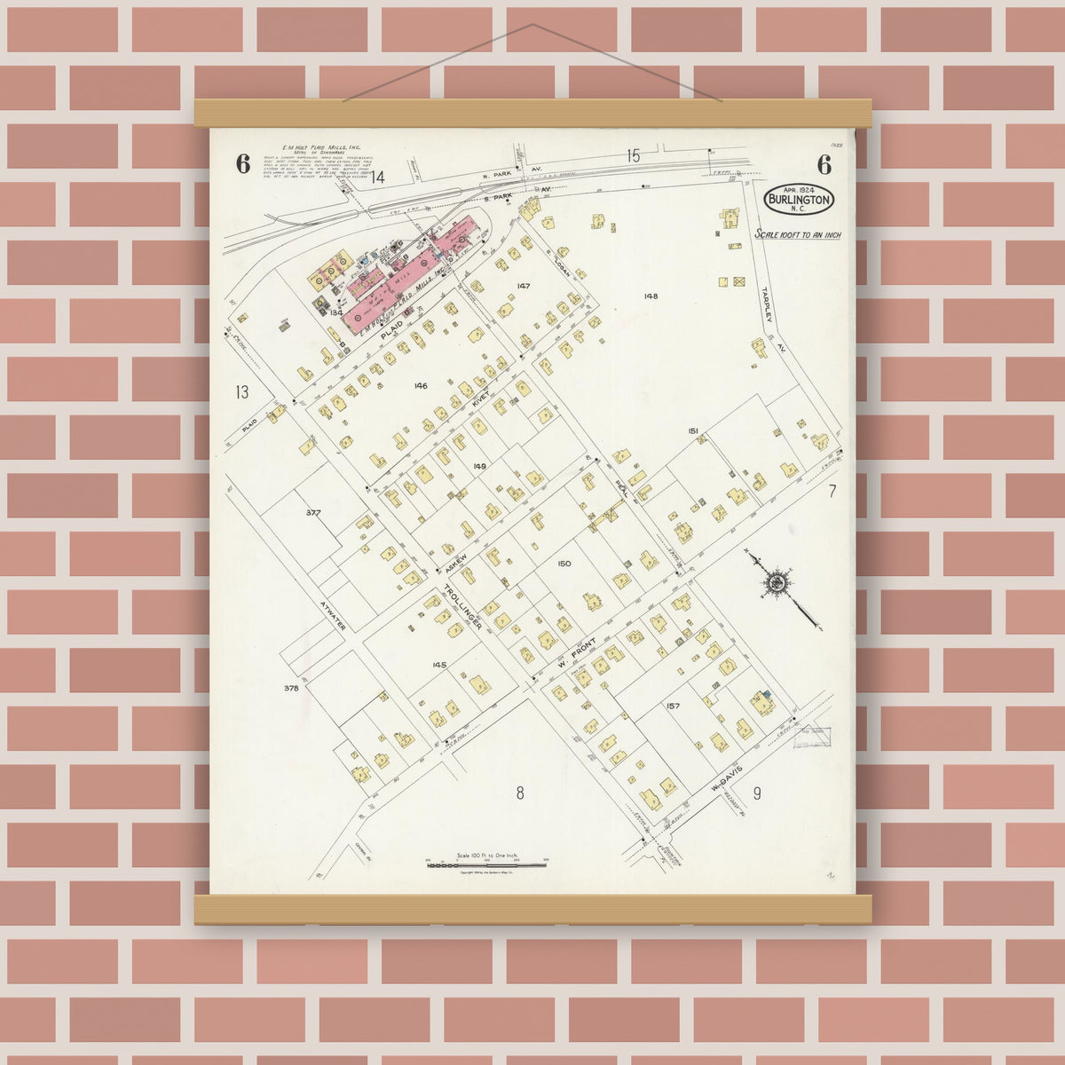 Old map wall art mockup — magnetic wood frame on brick wall — Sanborn Fire Insurance Map from Burlington, Alamance County, North Carolina (1924), Sheet #0006