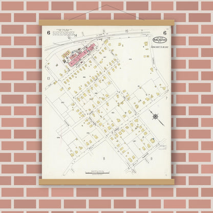 Old map wall art mockup — magnetic wood frame on brick wall — Sanborn Fire Insurance Map from Burlington, Alamance County, North Carolina (1924), Sheet #0006