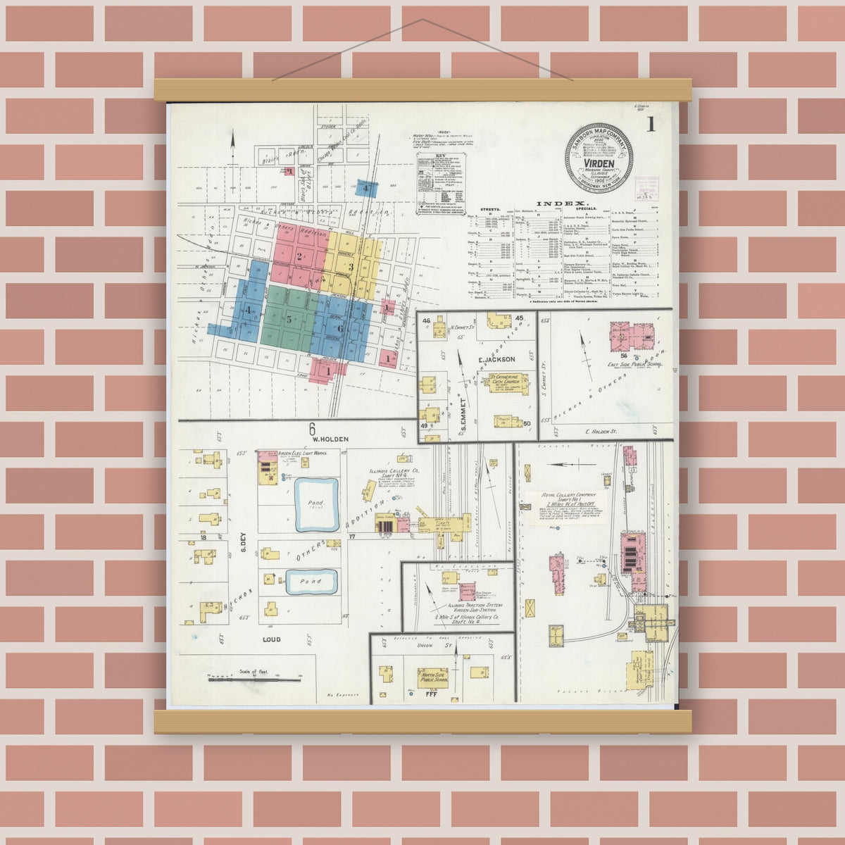 Old map wall art mockup — magnetic wood frame on brick wall — Sanborn Fire Insurance Map from Virden, Macoupin County, Illinois (1906) - Complete Map Set