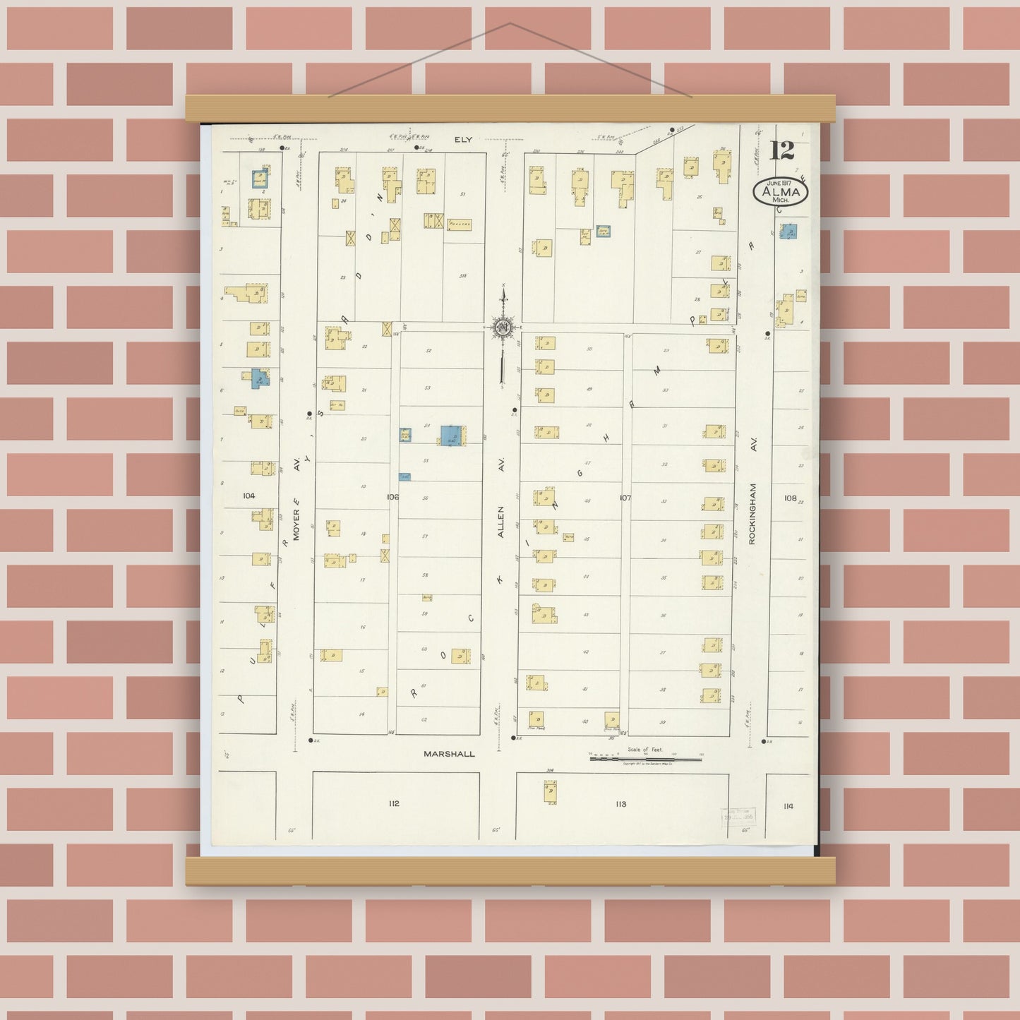 Old map wall art mockup — magnetic wood frame on brick wall — Sanborn Fire Insurance Map from Alma, Gratiot County, Michigan (1917), Sheet #0012