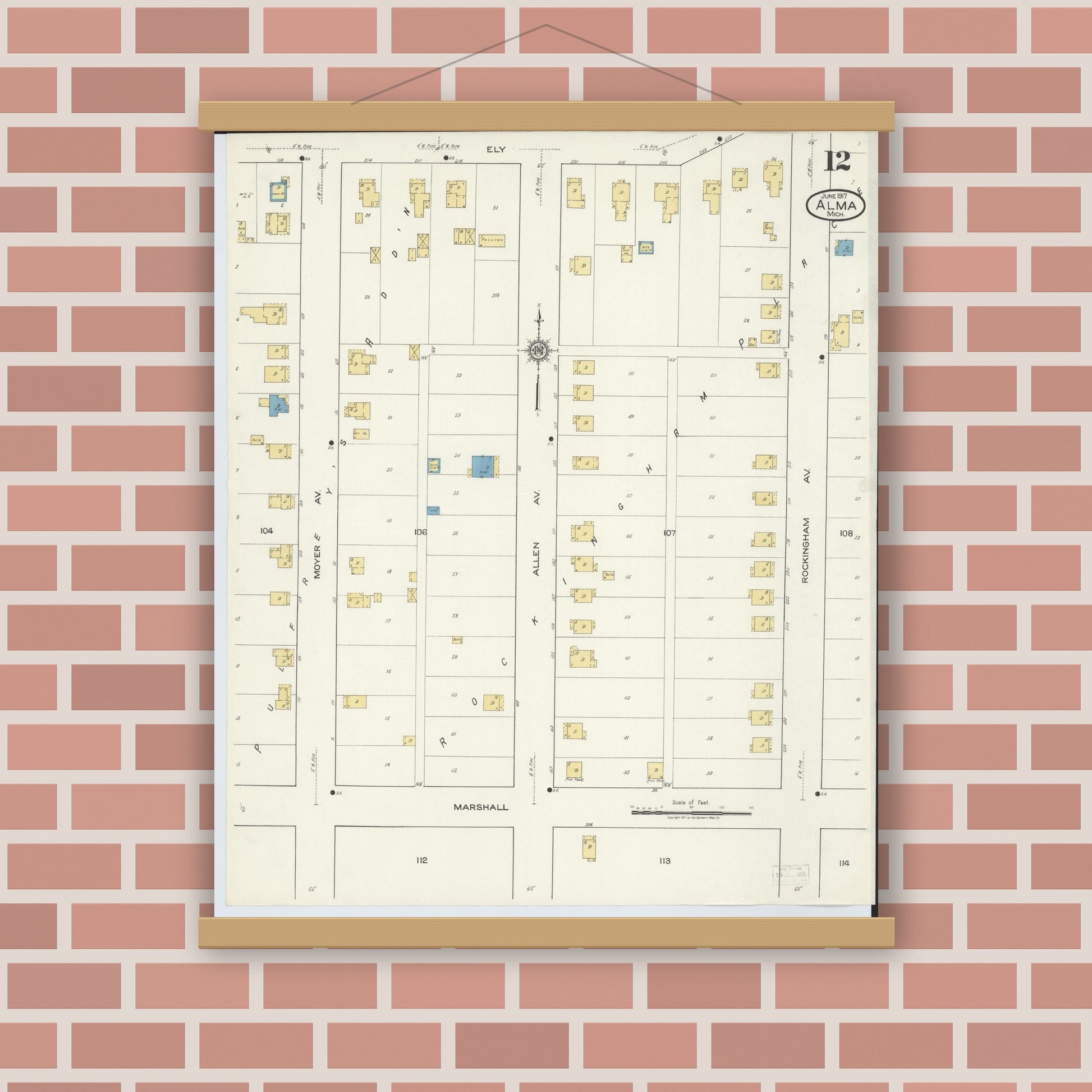 Old map wall art mockup — magnetic wood frame on brick wall — Sanborn Fire Insurance Map from Alma, Gratiot County, Michigan (1917), Sheet #0012