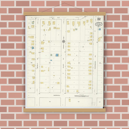 Old map wall art mockup — magnetic wood frame on brick wall — Sanborn Fire Insurance Map from Alma, Gratiot County, Michigan (1917), Sheet #0012