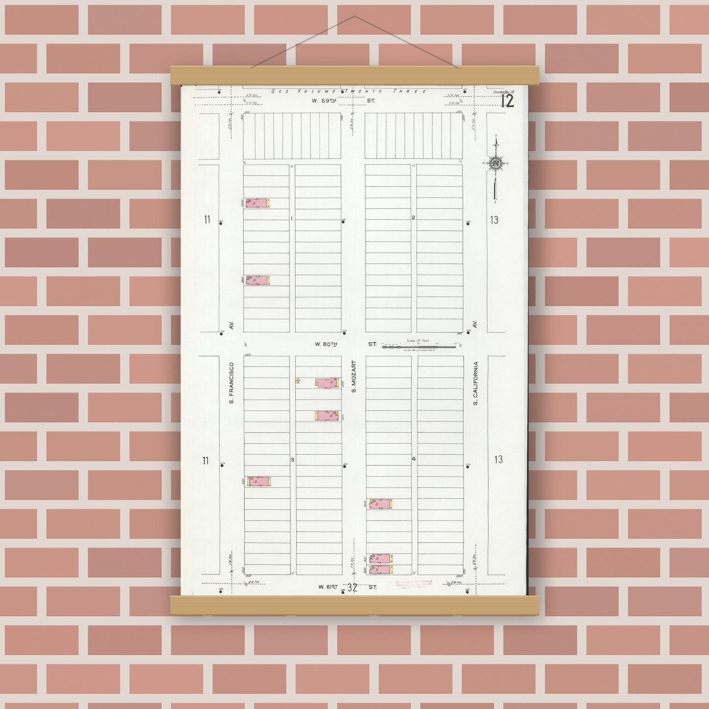 Old map wall art mockup — magnetic wood frame on brick wall — Sanborn Fire Insurance Map from Chicago, Cook County, Illinois (1920), Sheet #0012