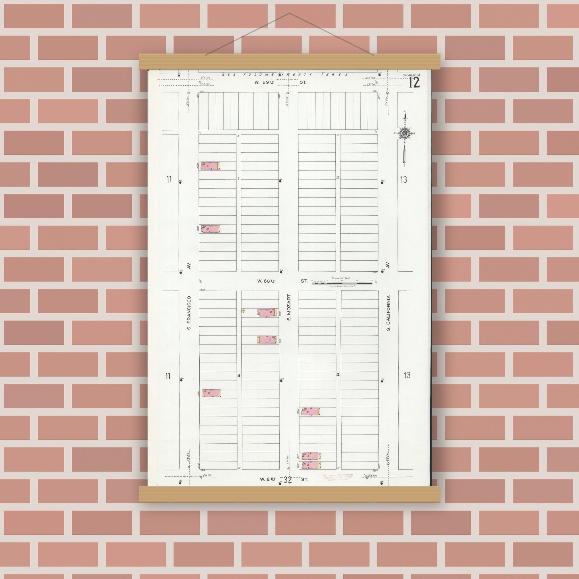 Old map wall art mockup — magnetic wood frame on brick wall — Sanborn Fire Insurance Map from Chicago, Cook County, Illinois (1920), Sheet #0012