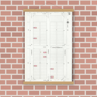 Old map wall art mockup — magnetic wood frame on brick wall — Sanborn Fire Insurance Map from Chicago, Cook County, Illinois (1920), Sheet #0012