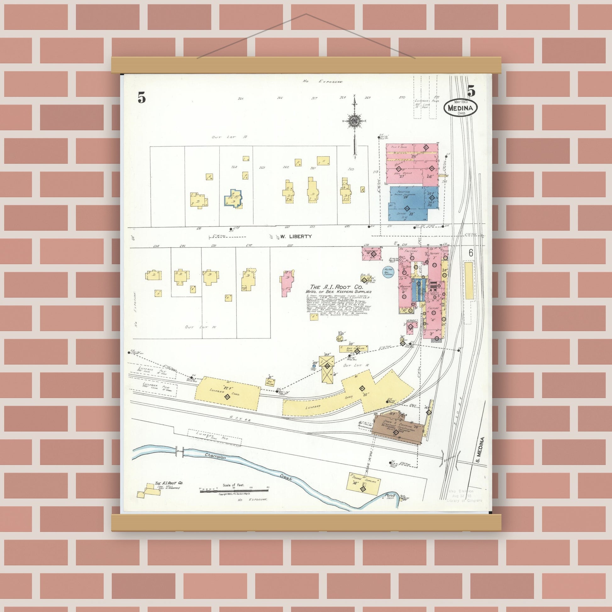 Old map wall art mockup — magnetic wood frame on brick wall — Sanborn Fire Insurance Map from Medina, Medina County, Ohio (1923), Sheet #0005
