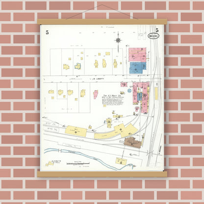 Old map wall art mockup — magnetic wood frame on brick wall — Sanborn Fire Insurance Map from Medina, Medina County, Ohio (1923), Sheet #0005