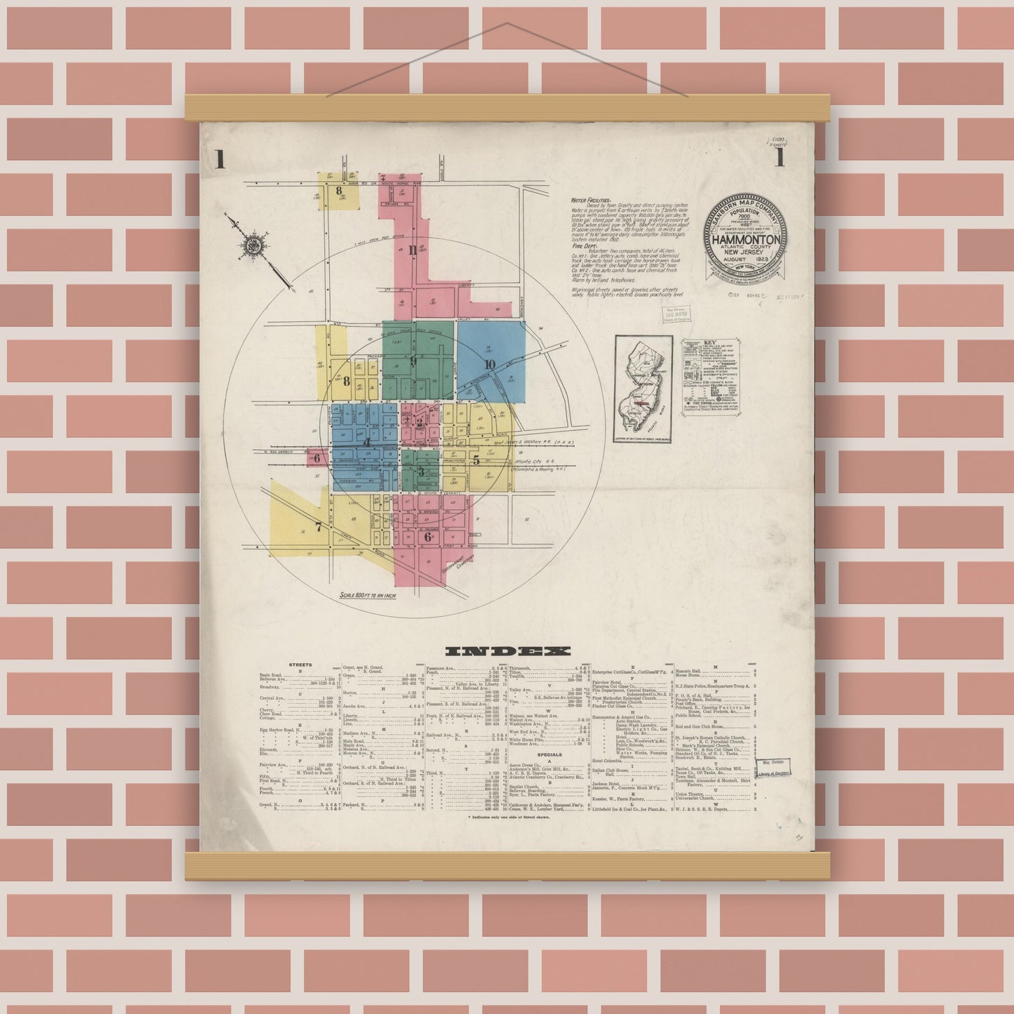 Old map wall art mockup — magnetic wood frame on brick wall — Sanborn Fire Insurance Map from Hammonton, Atlantic County, New Jersey (1923) - Complete Map Set
