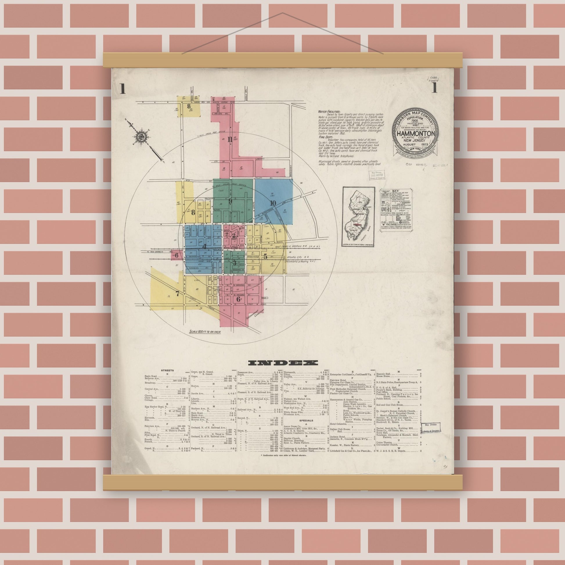Old map wall art mockup — magnetic wood frame on brick wall — Sanborn Fire Insurance Map from Hammonton, Atlantic County, New Jersey (1923) - Complete Map Set