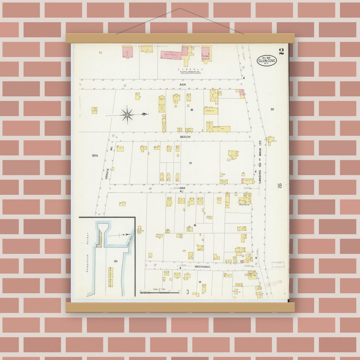 Old map wall art mockup — magnetic wood frame on brick wall — Sanborn Fire Insurance Map from Glen Cove, Nassau County, New York (1908) - Complete Map Set