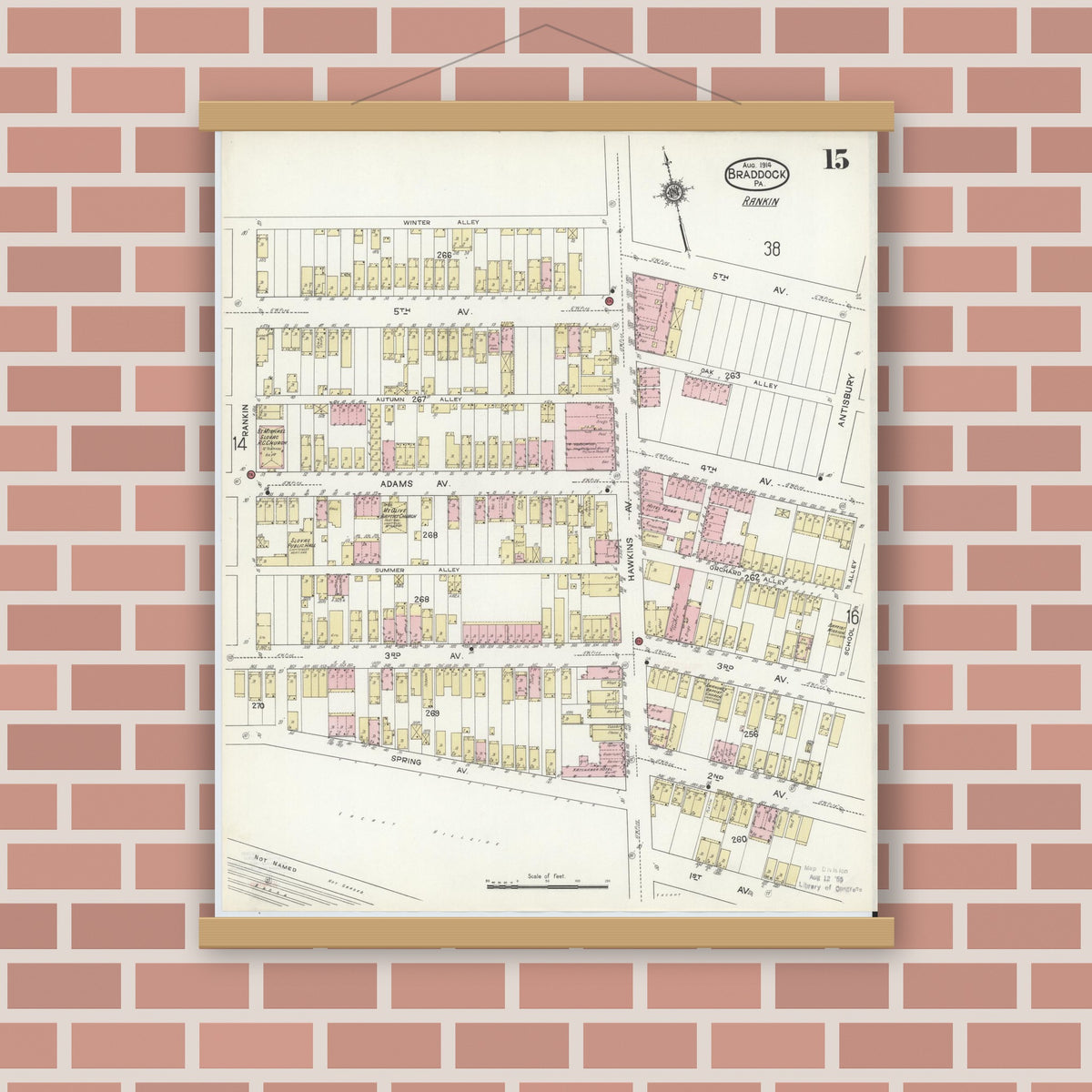 Old map wall art mockup — magnetic wood frame on brick wall — Sanborn Fire Insurance Map from Braddock, Allegheny County, Pennsylvania (1914), Sheet #0015
