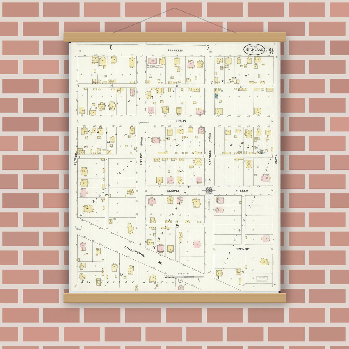 Old map wall art mockup — magnetic wood frame on brick wall — Sanborn Fire Insurance Map from Highland, Madison County, Illinois (1908), Sheet #0009