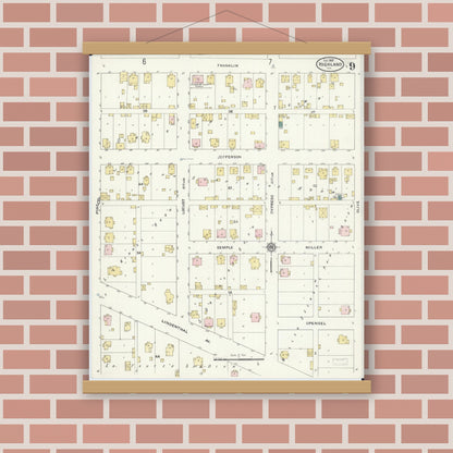 Old map wall art mockup — magnetic wood frame on brick wall — Sanborn Fire Insurance Map from Highland, Madison County, Illinois (1908), Sheet #0009