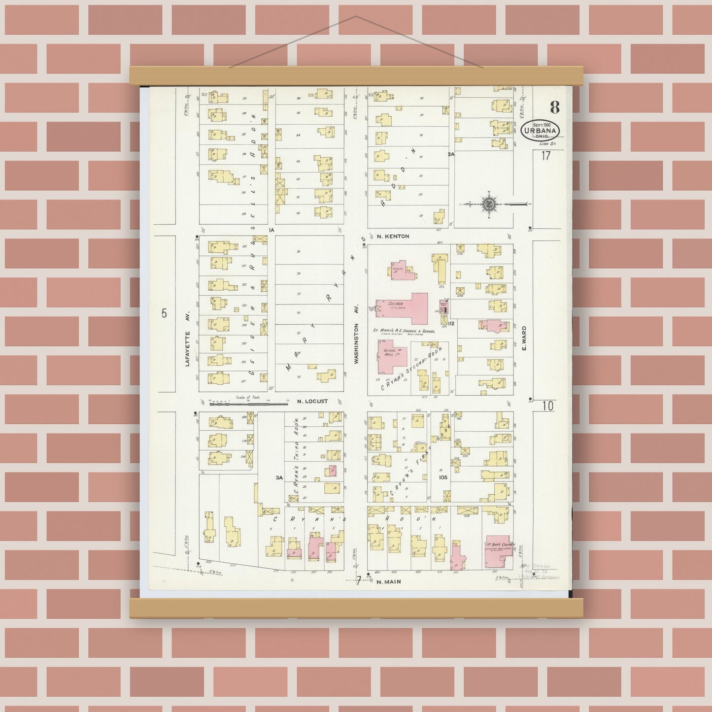 Old map wall art mockup — magnetic wood frame on brick wall — Sanborn Fire Insurance Map from Urbana, Champaign County, Ohio (1910), Sheet #0008