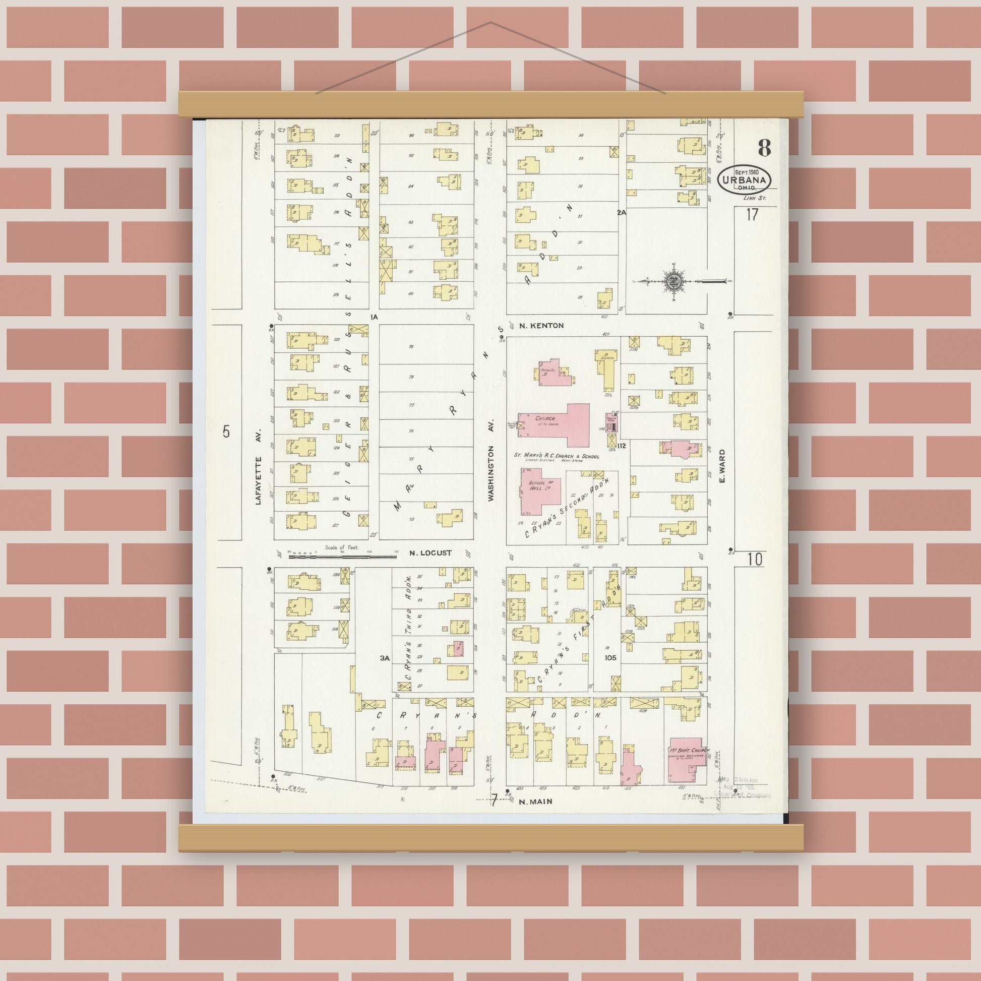 Old map wall art mockup — magnetic wood frame on brick wall — Sanborn Fire Insurance Map from Urbana, Champaign County, Ohio (1910), Sheet #0008