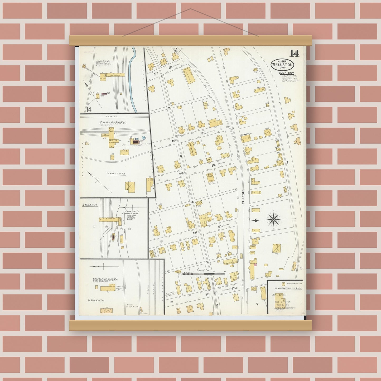 Old map wall art mockup — magnetic wood frame on brick wall — Sanborn Fire Insurance Map from Wellston, Jackson County, Ohio (1904), Sheet #0014