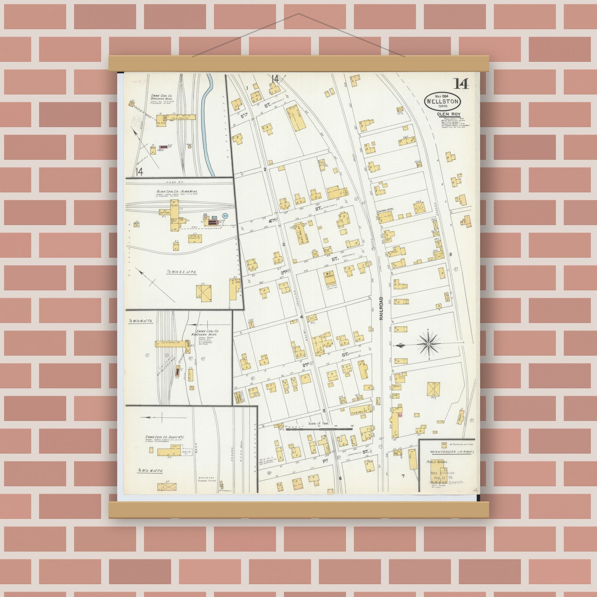 Old map wall art mockup — magnetic wood frame on brick wall — Sanborn Fire Insurance Map from Wellston, Jackson County, Ohio (1904), Sheet #0014