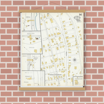 Old map wall art mockup — magnetic wood frame on brick wall — Sanborn Fire Insurance Map from Wellston, Jackson County, Ohio (1904), Sheet #0014