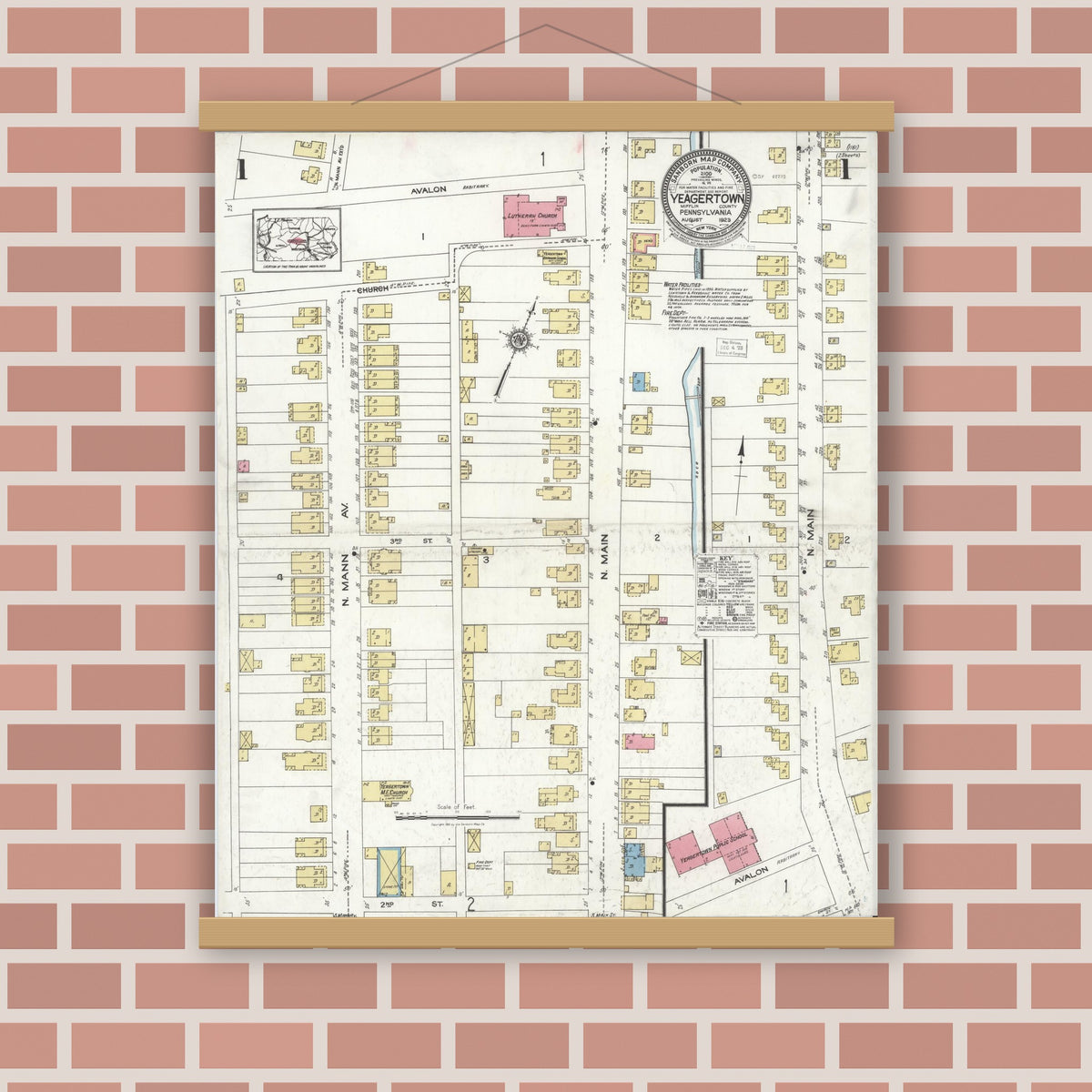 Old map wall art mockup — magnetic wood frame on brick wall — Sanborn Fire Insurance Map from Yeagertown, Mifflin County, Pennsylvania (1923), Sheet #0001