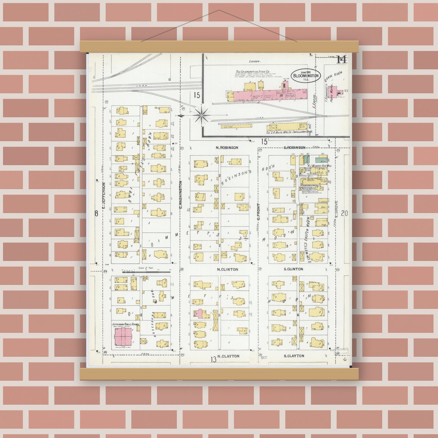 Old map wall art mockup — magnetic wood frame on brick wall — Sanborn Fire Insurance Map from Bloomington, McLean County, Illinois (1901), Sheet #0014