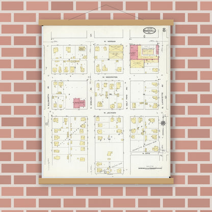 Old map wall art mockup — magnetic wood frame on brick wall — Sanborn Fire Insurance Map from Marshall, Saline County, Missouri (1917), Sheet #0008