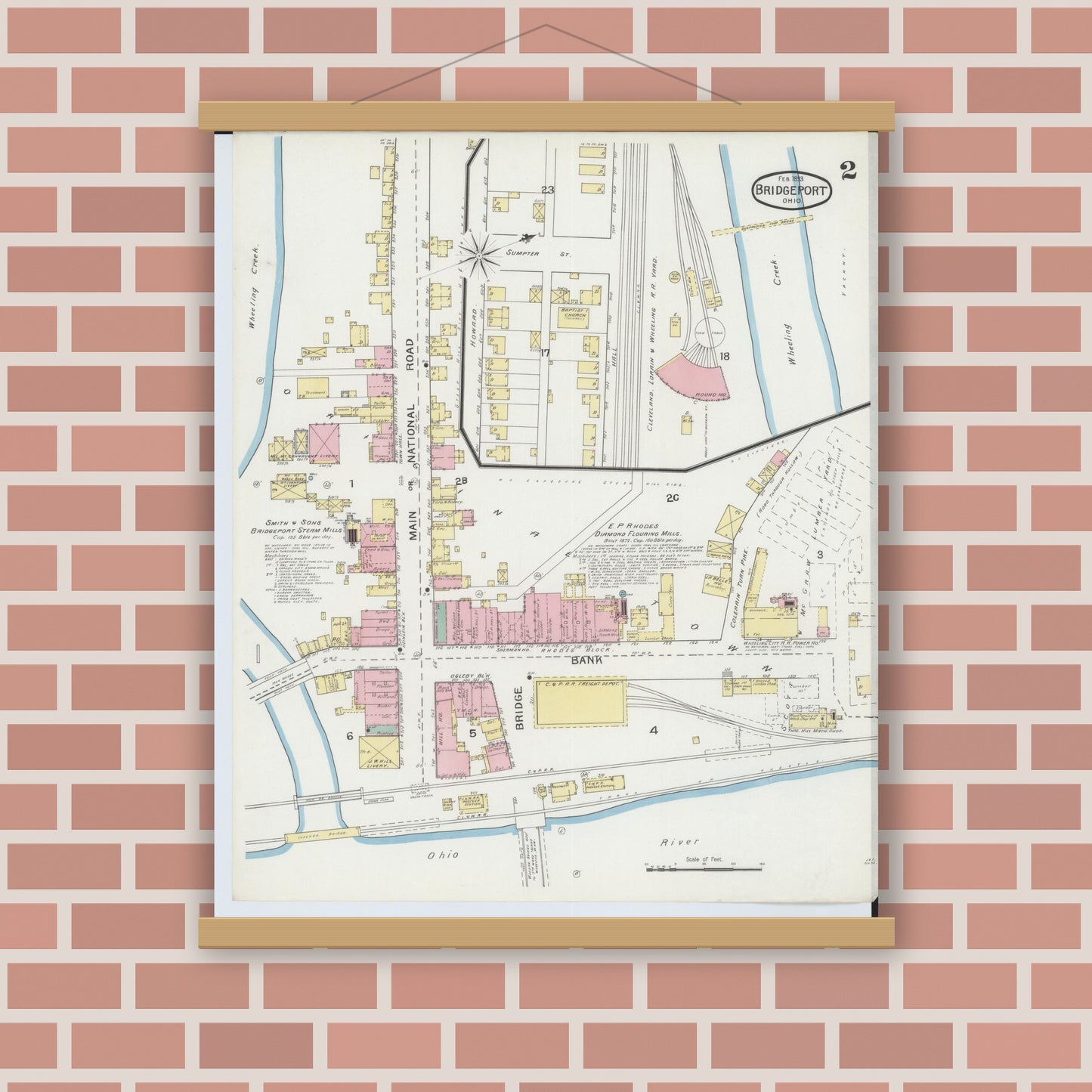 Old map wall art mockup — magnetic wood frame on brick wall — Sanborn Fire Insurance Map from Bridgeport, Belmont County, Ohio (1893), Sheet #0002