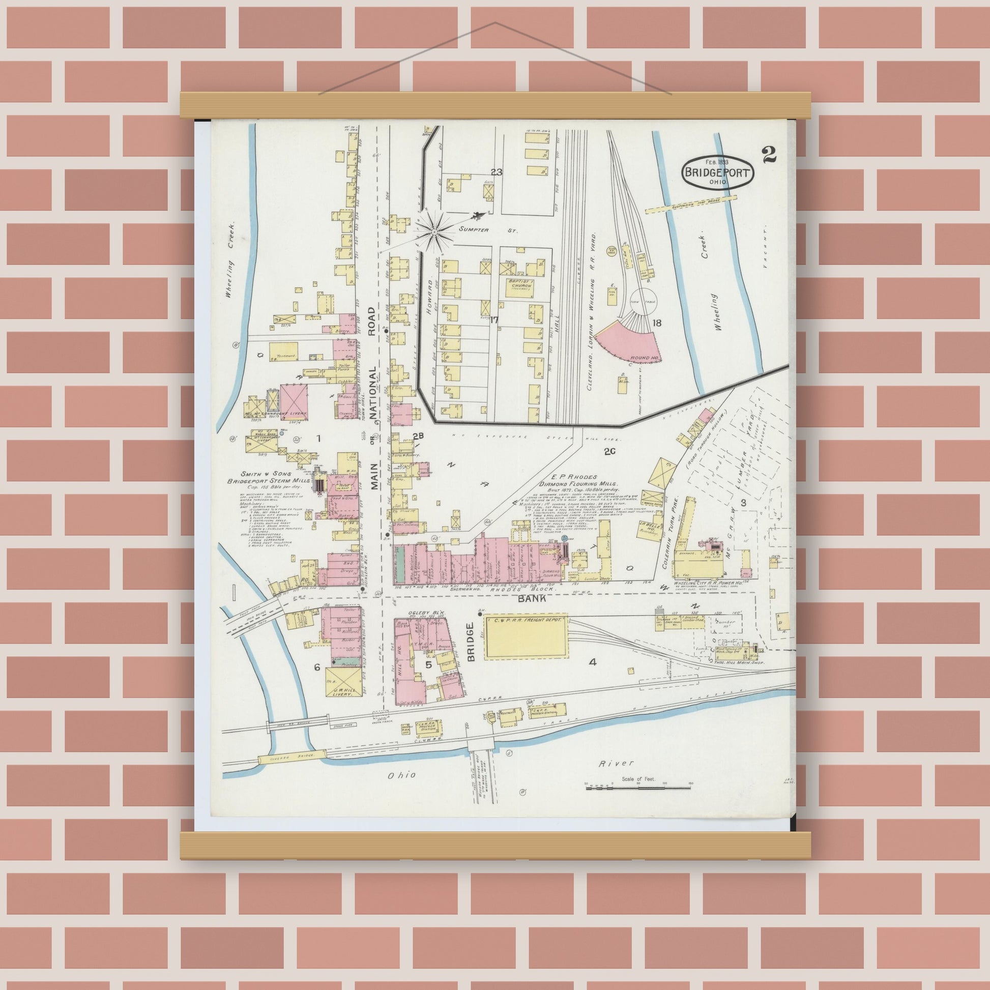Old map wall art mockup — magnetic wood frame on brick wall — Sanborn Fire Insurance Map from Bridgeport, Belmont County, Ohio (1893), Sheet #0002