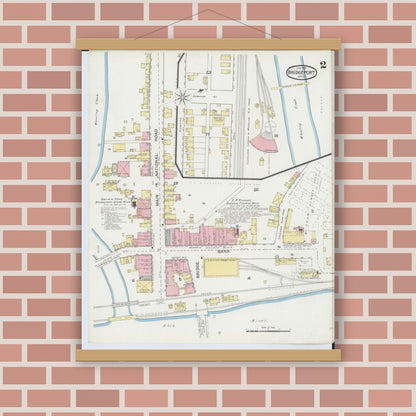 Old map wall art mockup — magnetic wood frame on brick wall — Sanborn Fire Insurance Map from Bridgeport, Belmont County, Ohio (1893), Sheet #0002
