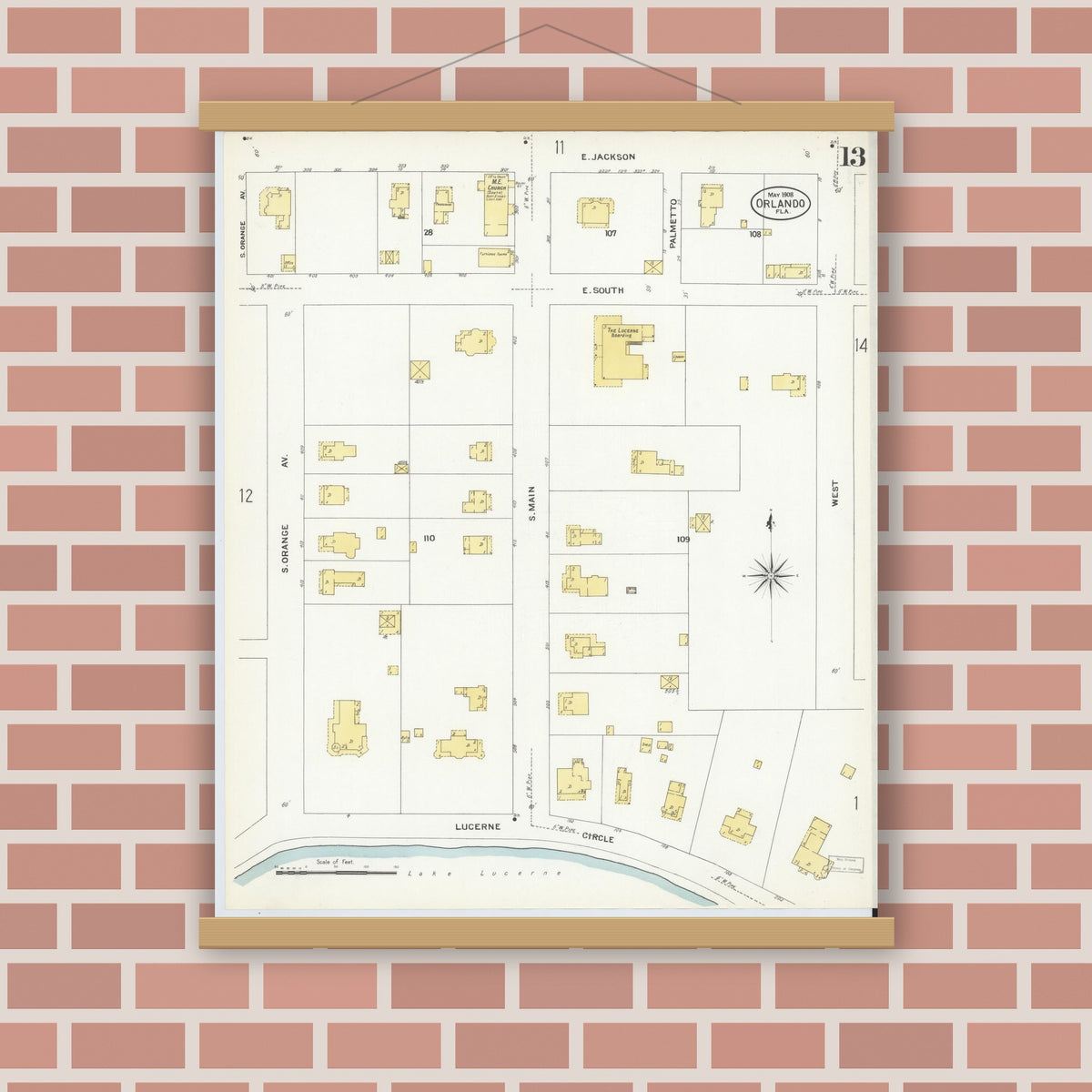 Old map wall art mockup — magnetic wood frame on brick wall — Sanborn Fire Insurance Map from Orlando, Orange County, Florida (1908), Sheet #0013