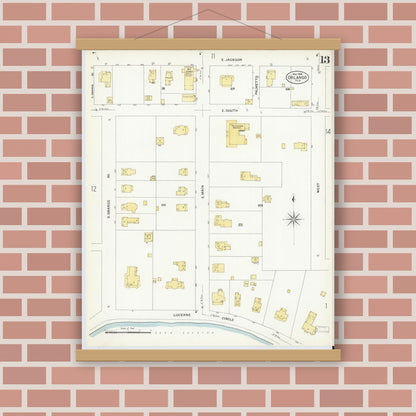 Old map wall art mockup — magnetic wood frame on brick wall — Sanborn Fire Insurance Map from Orlando, Orange County, Florida (1908), Sheet #0013