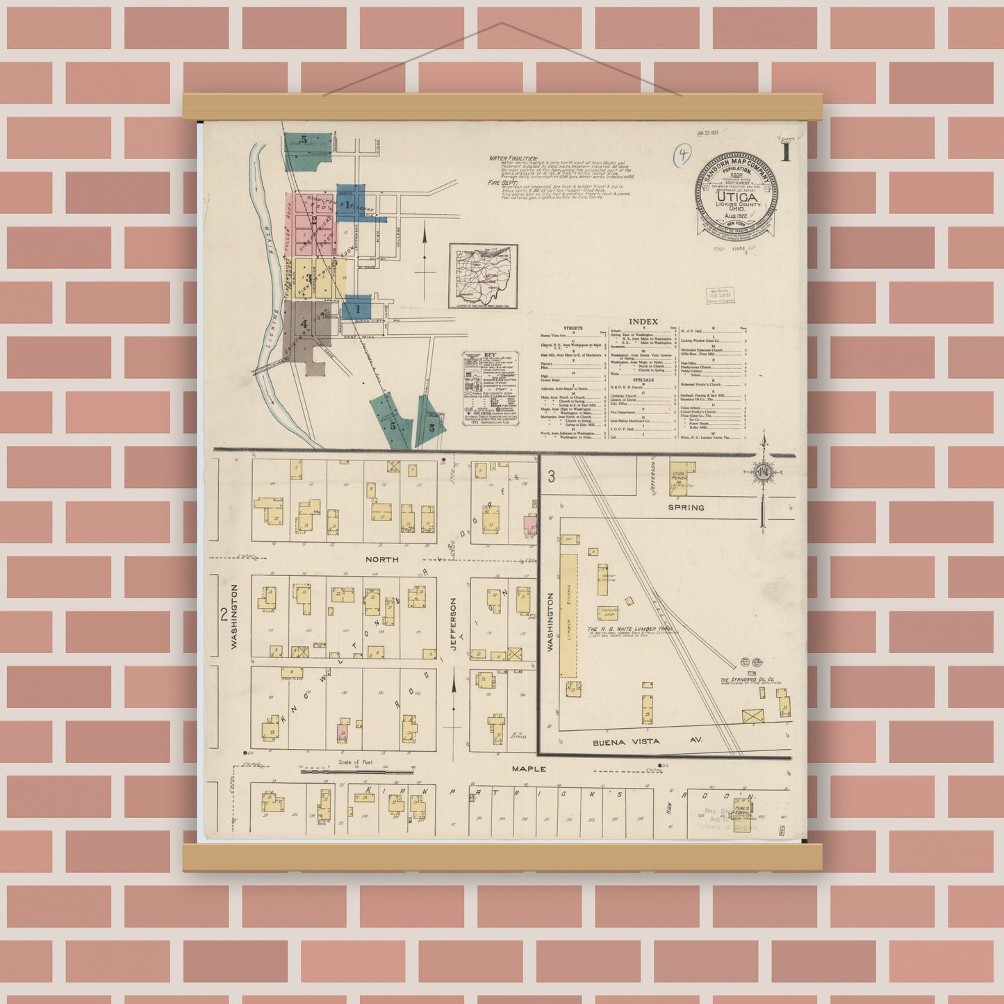 Old map wall art mockup — magnetic wood frame on brick wall — Sanborn Fire Insurance Map from Utica, Licking County, Ohio (1922), Sheet #0001