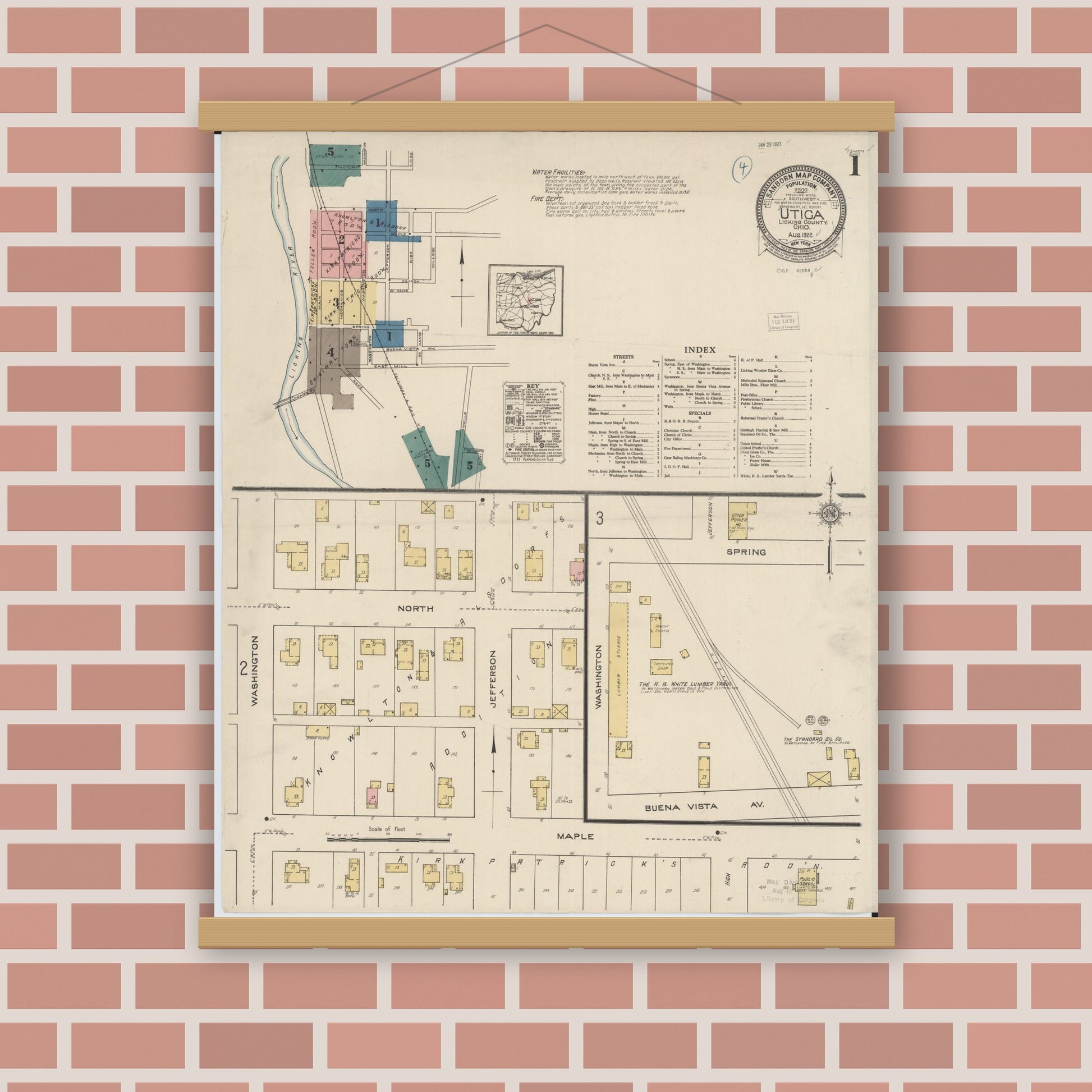 Old map wall art mockup — magnetic wood frame on brick wall — Sanborn Fire Insurance Map from Utica, Licking County, Ohio (1922), Sheet #0001