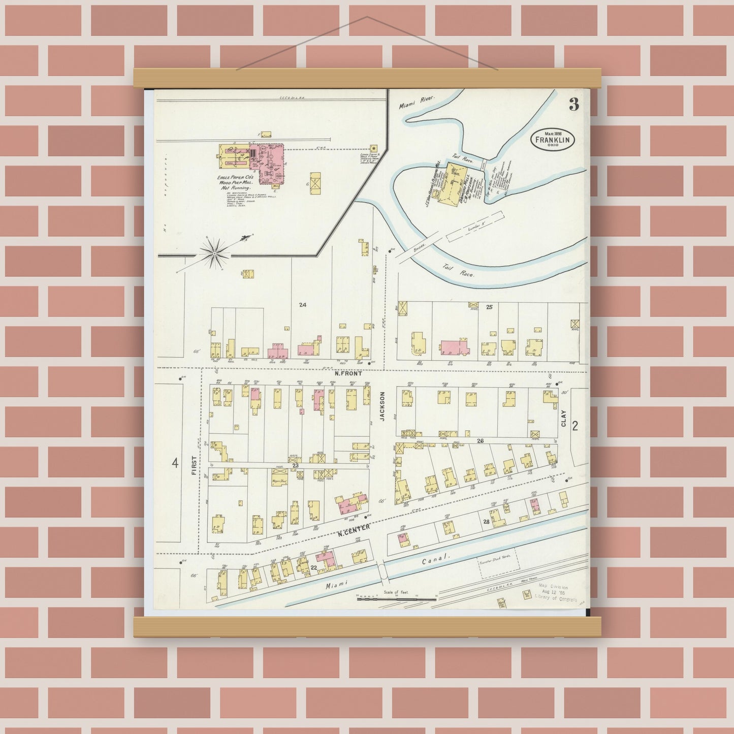 Old map wall art mockup — magnetic wood frame on brick wall — Sanborn Fire Insurance Map from Franklin, Warren County, Ohio (1898), Sheet #0003