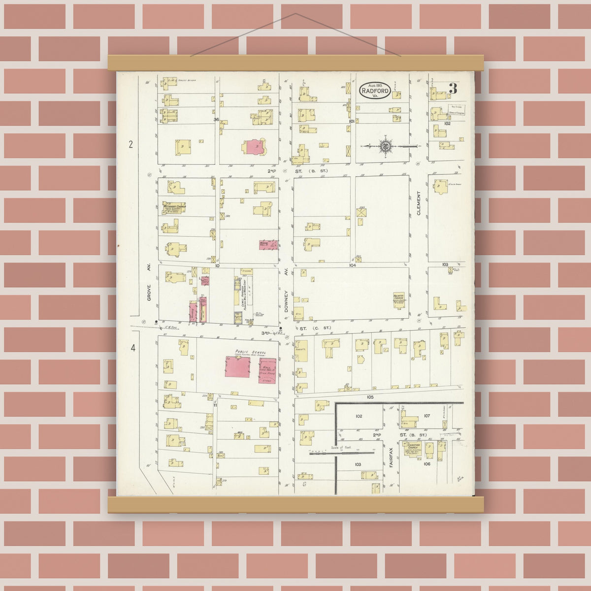 Old map wall art mockup — magnetic wood frame on brick wall — Sanborn Fire Insurance Map from Radford, Independent Cities, Virginia (1913), Sheet #0003