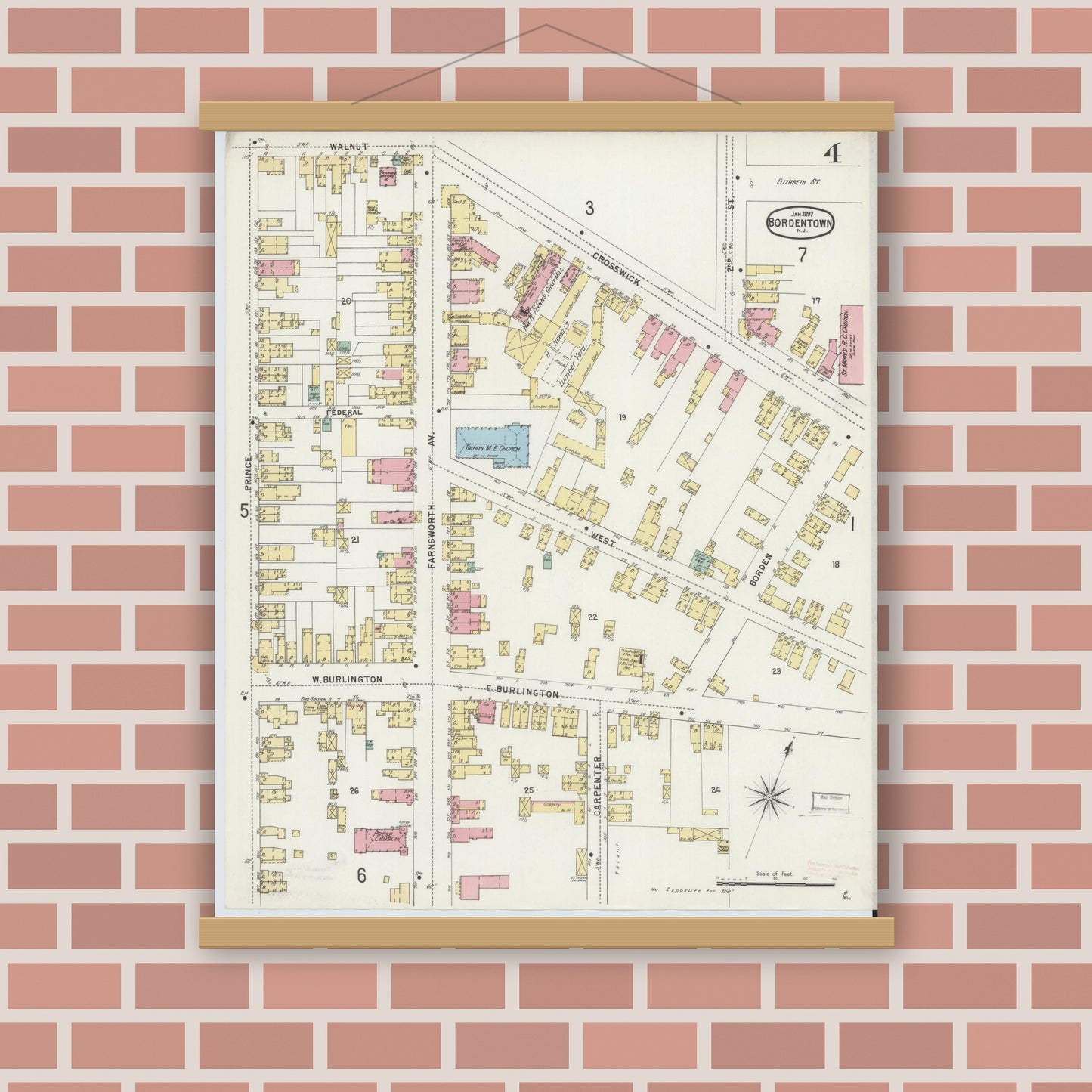 Old map wall art mockup — magnetic wood frame on brick wall — Sanborn Fire Insurance Map from Bordentown, Burlington County, New Jersey (1897), Sheet #0004